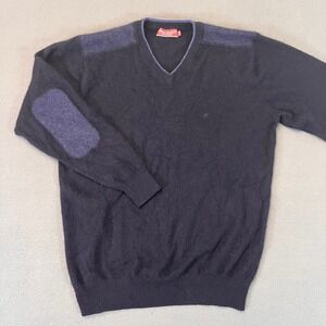 Spring Bamboo Men's V Neck Cashmere 120 Sweatshirt‎ Blue Size L Elbow Patches
